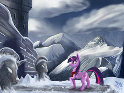 Size: 2400x1800 | Tagged: safe, artist:sigilponies, derpibooru import, twilight sparkle, twilight sparkle (alicorn), alicorn, pony, castle, clothes, female, folded wings, looking at something, mare, mountain, outdoors, profile, raised hoof, scarf, snow, solo, standing, wings