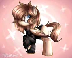 Size: 800x643 | Tagged: safe, artist:juliamity, derpibooru import, oc, oc only, pegasus, pony, clothes, ear piercing, earring, eye clipping through hair, female, hair over one eye, jewelry, mare, piercing, raised hoof, signature, solo, sweater