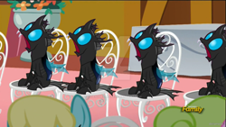 Size: 1024x576 | Tagged: safe, artist:legenddestroye, edit, edited screencap, screencap, kevin (changeling), changeling, earth pony, pony, slice of life (episode), chair, multeity, open mouth, shocked, sitting, wow