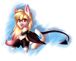 Size: 1848x1498 | Tagged: safe, artist:juliamity, derpibooru import, oc, oc only, demon pony, pony, bat wings, choker, colored pupils, ear fluff, eye clipping through hair, female, mare, red eyes, signature, simple background, solo, transparent background, wings
