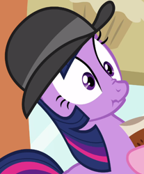 Size: 436x526 | Tagged: safe, derpibooru import, screencap, pinkie pie, twilight sparkle, earth pony, pony, mmmystery on the friendship express, season 2, bowler hat, clothes, cropped, hat, nose wrinkle, scrunchy face, solo focus