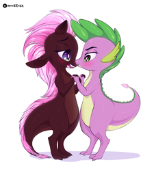 Size: 2700x3000 | Tagged: safe, artist:moonhoek, derpibooru import, spike, oc, oc:denny, dragon, blushing, canon x oc, couple, digital art, full body, gay, looking at each other, male, rcf community, romantic, shipping, simple background, white background