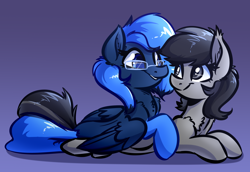 Size: 4000x2750 | Tagged: safe, artist:witchtaunter, derpibooru import, oc, oc only, oc:grey matter, earth pony, pegasus, pony, chest fluff, commission, cute, digital art, duo, ear fluff, female, glasses, gradient background, looking at each other, mare, prone, purple background, simple background, smiling