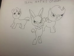 Size: 4032x3024 | Tagged: safe, artist:undeadponysoldier, apple bloom, scootaloo, sweetie belle, pony, band, crossed arms, cutie mark crusaders, lineart, parody, three days grace, traditional art