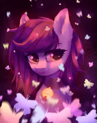 Size: 1712x2177 | Tagged: safe, artist:hikerumin, derpibooru import, oc, oc only, oc:mystic blare, butterfly, earth pony, pony, beautiful, bell, bell collar, bust, collar, commission, cute, femboy, fluffy, looking at you, male, portrait, smiling, solo, sparkles, stallion, trap, ych result