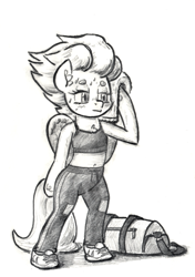 Size: 781x1108 | Tagged: safe, artist:shoeunit, derpibooru import, fleetfoot, pegasus, pony, semi-anthro, clothes, female, mare, pants, pencil drawing, solo, sweat, towel, traditional art