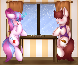 Size: 2400x2023 | Tagged: safe, artist:adostume, derpibooru import, oc, oc only, oc:graph travel, oc:strawberry sunshine, pegasus, pony, unicorn, bow, chess, duo, female, floppy ears, freckles, glasses, happy, laughing, magic, mare, mother and child, mother and daughter, parent and child, snow, snowfall, teenager, telekinesis, window, winter