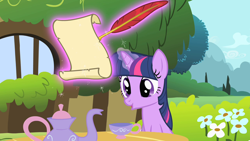 Size: 1280x720 | Tagged: safe, screencap, twilight sparkle, unicorn twilight, pony, unicorn, stare master, cup, female, flower, fluttershy's cottage, levitation, magic, scroll, solo, table, teacup, teapot, telekinesis