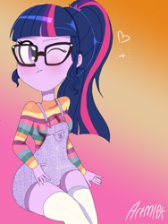 Size: 1800x2400 | Tagged: safe, artist:artmlpk, sci-twi, twilight sparkle, equestria girls, blushing, cute, ponytail, smiling, smirk, solo, twiabetes