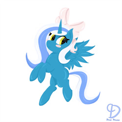 Size: 894x894 | Tagged: safe, artist:dumbprincess, derpibooru import, oc, oc only, oc:fleurbelle, alicorn, pony, alicorn oc, blushing, bow, flying, hair bow, happy, simple background, solo, white background