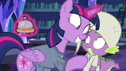 Size: 1920x1080 | Tagged: safe, screencap, spike, twilight sparkle, twilight sparkle (alicorn), alicorn, dragon, pony, a trivial pursuit, clothes, hat, library, magic, nightcap, shirt, shrunken pupils, twilight's castle, twilight's castle library, winged spike