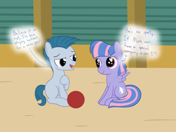 Size: 1600x1200 | Tagged: safe, artist:mightyshockwave, derpibooru exclusive, little league, wind sprint, earth pony, pegasus, pony, common ground, adorable face, ball, buckball, captiwinding, colt, crush, cute, cuteness overload, female, filly, foal, freckles, heart eyes, hnnng, littlesprint, male, shipping, sitting, speech bubble, sprintabetes, that was fast, wingding eyes