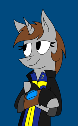 Size: 1163x1880 | Tagged: safe, artist:derpanater, derpibooru import, oc, oc only, oc:littlepip, pony, unicorn, fallout equestria, blue background, clothes, fanfic, fanfic art, female, hooves, horn, jacket, mare, pipbuck, simple background, smiling, solo, vault suit