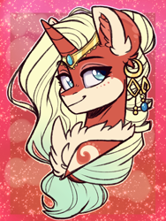 Size: 3000x4000 | Tagged: safe, artist:annakitsun3, derpibooru import, oc, oc only, pony, unicorn, bust, commission, ear fluff, ear piercing, earring, female, jewelry, mare, piercing, portrait, regalia, smiling, unshorn fetlocks