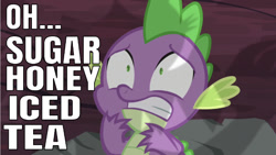 Size: 640x362 | Tagged: safe, editor:undeadponysoldier, garble, spike, dragon, caption, image macro, madagascar, male, meme, offscreen character, oh shit, oh sugar honey iced tea, reference, scared, text, vulgar