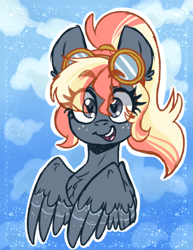 Size: 2975x3850 | Tagged: safe, artist:annakitsun3, derpibooru import, oc, oc only, pegasus, pony, bust, commission, cute, female, freckles, goggles, mare, open mouth, portrait, solo
