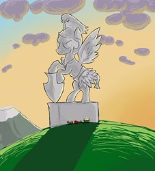 Size: 3723x4095 | Tagged: safe, artist:waffletheheadmare, flash magnus, pegasus, pony, armor, cloud, fire, flower, gradient background, grass, helmet, male, mountain, rose, scenery, shield, simple shading, sky, smiling, snitch, stallion, statue, stone, wings