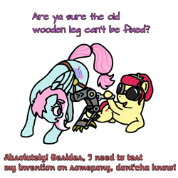 Size: 1100x1100 | Tagged: safe, artist:skelmach, kerfuffle, torque wrench, cyborg, earth pony, pegasus, pony, rainbow roadtrip, amputee, claws, dialogue, duo, looking back, prone, prosthetic leg, prosthetic limb, prosthetics, protective glasses, wrench