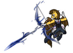 Size: 1762x1291 | Tagged: safe, artist:thebirdiebin, derpibooru import, oc, oc:keystroke, bat pony, hybrid, action pose, arrow, bow, clothes, destiny (game), destiny 2 (game), glasses, nightstalker, orpheus rig, shadowshot, simple background, transparent background