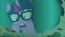 Size: 1920x1080 | Tagged: safe, screencap, sci-twi, twilight sparkle, pony, unicorn, better together, equestria girls, spring breakdown, equestria girls ponified, faic, glasses, ponified, puddle, reflection, shocked, unicorn sci-twi, uvula