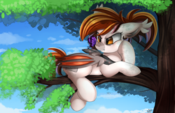 Size: 2630x1703 | Tagged: safe, artist:pridark, derpibooru import, oc, oc only, bat pony, butterfly, angry, bat pony oc, commission, female, golden eyes, leaf, solo, tree, tree branch