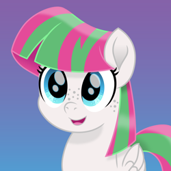 Size: 1500x1500 | Tagged: safe, artist:cloudyglow, blossomforth, pegasus, pony, adoraforth, cute, female, freckles, gradient background, mare, open mouth, solo