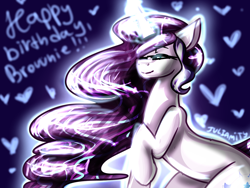 Size: 1600x1200 | Tagged: safe, artist:juliamity, derpibooru import, oc, oc only, pony, unicorn, female, glowing horn, hair over one eye, happy birthday, heart, mare, raised hoof, signature, solo