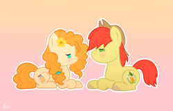 Size: 1400x900 | Tagged: safe, artist:luminousdazzle, bright mac, pear butter, the perfect pear, abstract background, blushing, brightbutter, chibi, female, looking at each other, male, prone, shipping, signature, straight