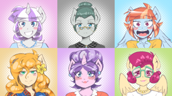 Size: 2400x1340 | Tagged: safe, artist:thegreatrouge, derpibooru import, cloudy quartz, cookie crumbles, pear butter, posey shy, twilight velvet, windy whistles, anthro, earth pony, pegasus, unicorn, blushing, clothes, female, flower, flower in hair, glasses, jewelry, lidded eyes, looking at you, mom six, necklace, open mouth, pearl necklace, smiling