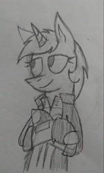 Size: 1163x1939 | Tagged: safe, artist:derpanater, derpibooru import, oc, oc only, oc:littlepip, pony, unicorn, fallout equestria, black and white, clothes, fanfic, fanfic art, female, grayscale, hooves, horn, mare, monochrome, pipbuck, simple background, smiling, solo, traditional art, vault suit, white background