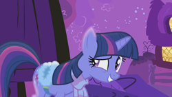 Size: 1280x720 | Tagged: safe, screencap, twilight sparkle, unicorn twilight, pony, unicorn, winter wrap up, clothes, cute, dark, female, night, saddle, scarf, smiling, solo, stars, tack, twiabetes