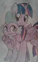 Size: 1024x1647 | Tagged: safe, artist:envygirl95, derpibooru import, spike, twilight sparkle, twilight sparkle (alicorn), alicorn, dragon, pony, big sister twilight, brother and sister, colored pencil drawing, duo, female, hug, male, mare, siblings, simple background, smiling, traditional art, white background