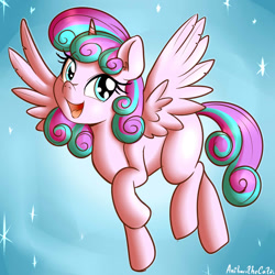 Size: 1200x1200 | Tagged: safe, artist:anibaruthecat, derpibooru import, princess flurry heart, alicorn, pony, cute, female, flurrybetes, gradient background, looking at you, mare, older, open mouth, signature, smiling, solo, sparkles