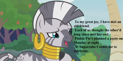 Size: 850x425 | Tagged: safe, edit, edited screencap, screencap, zecora, zebra, she talks to angel, bronybait, cropped, cute, ear piercing, earring, female, implied oc, implied pinkie pie, jewelry, mare, neck rings, piercing, speech, zecorable