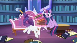 Size: 933x530 | Tagged: safe, derpibooru import, screencap, rarity, twilight sparkle, twilight sparkle (alicorn), alicorn, pony, unicorn, dragon dropped, bitch slap, book, face into books, library, sofa, twilight's castle, twilight's castle library