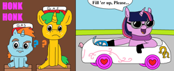 Size: 1830x751 | Tagged: safe, artist:logan jones, derpibooru import, snails, snips, twilight sparkle, car, clothes, gas station, gloves, goggles, hat, pony wedding car, question mark, scarf, smiling, speech bubble, spongebob squarepants, the spongebob squarepants movie