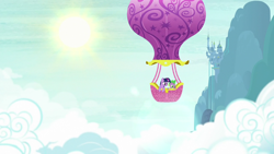 Size: 1280x720 | Tagged: safe, screencap, spike, twilight sparkle, unicorn twilight, dragon, pony, unicorn, canterlot castle, cloud, cloudy, hot air balloon, opening, sky, sun, theme song, twinkling balloon