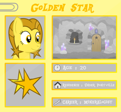Size: 5400x5000 | Tagged: safe, artist:devfield, oc, oc:golden star, pony, archway, backstory, boulder, bust, candle, candlelight, cave, crystal, cutie mark, door, female, gem, glow, keyhole, mare, paperclip, rock, shine, side view, smiling, solo, stalactite, stars, template, text, two toned mane, wood