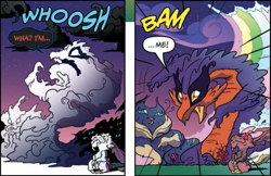 Size: 711x460 | Tagged: safe, artist:amy mebberson, idw, larry, shadowfright, spoiler:comic, spoiler:comic08, beak, comic, male, moon creature, nightmare forces, official comic, open beak, speech bubble, transformation