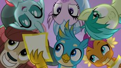 Size: 1280x720 | Tagged: safe, derpibooru import, screencap, gallus, ocellus, sandbar, silverstream, smolder, yona, friendship university, female, male, school of friendship, smiling, student six, teenager