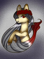 Size: 657x868 | Tagged: safe, artist:mangothepony, derpibooru import, oc, oc only, oc:quaglianera, earth pony, pony, female, gradient mane, lei, mare, red eyes, solo