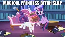 Size: 880x500 | Tagged: safe, derpibooru import, edit, edited screencap, screencap, rarity, twilight sparkle, twilight sparkle (alicorn), alicorn, pony, unicorn, dragon dropped, bitch, book, caption, face into books, image macro, karma, library, sofa, swearing, text, twibitch sparkle, twilight's castle, twilight's castle library, vulgar