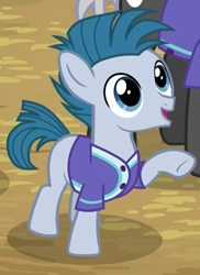 Size: 768x1054 | Tagged: safe, screencap, dark moon, graphite, little league, earth pony, pony, common ground, clothes, colt, cropped, cute, foal, jersey, male, raised hoof, shirt, solo focus