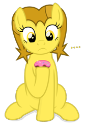 Size: 1000x1500 | Tagged: safe, artist:devfield, oc, oc:golden star, earth pony, pony, ..., donut, female, food, golden eyes, golden star loves donuts, holding, looking down, mare, shading, shadow, simple background, sitting, solo, transparent background, two toned mane