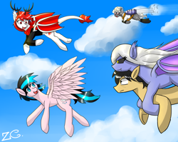 Size: 3400x2700 | Tagged: safe, artist:zachc, derpibooru import, oc, oc only, bat pony, dracony, hybrid, pegasus, pony, flying, jetpack, sky