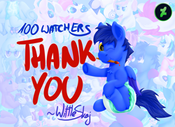 Size: 3153x2293 | Tagged: safe, artist:wittleskaj, derpibooru import, oc, oc:skaj, pegasus, pony, baby, baby pony, brush, celebration, colt, deviantart, diaper, foal, male, milestone, raffle, smiling, thank you, waving