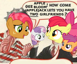 Size: 1600x1340 | Tagged: safe, apple bloom, babs seed, scootaloo, sweetie belle, earth pony, pony, unicorn, exploitable meme, female, food, gee bill, hot dog, hotdog meme, lesbian, meat, meme, polyamory, sausage, scootabelle, scootabloom, shipping, sweetiebloom, sweetiebloomaloo