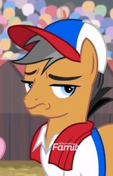 Size: 678x1052 | Tagged: safe, screencap, quibble pants, earth pony, pony, common ground, baseball cap, cap, clothes, cropped, hat, male, shirt, sideways glance, solo, stallion