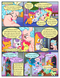 Size: 612x792 | Tagged: safe, artist:newbiespud, edit, edited screencap, screencap, apple bloom, cozy glow, gallus, ocellus, sandbar, scootaloo, silverstream, smolder, sweetie belle, yona, changedling, changeling, classical hippogriff, dragon, earth pony, griffon, hippogriff, pegasus, pony, unicorn, yak, comic:friendship is dragons, school raze, bedroom eyes, bow, comic, cutie mark, cutie mark crusaders, dialogue, dragoness, eyes closed, female, freckles, grin, hair bow, male, pointing, raised hoof, screencap comic, smiling, student six, the cmc's cutie marks