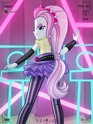 Size: 618x822 | Tagged: safe, artist:charliexe, violet blurr, equestria girls, rainbow rocks, bedroom eyes, camcorder, clothes, female, leggings, legs, looking at you, looking back, looking back at you, looking over shoulder, miniskirt, recording, skirt, smiling, smirk, solo